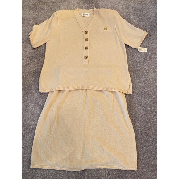 Vintage Laura by Alyzia Skirt Set Beige Short Sleeve Top Buttons Knit 14 Petite - Picture 1 of 16
